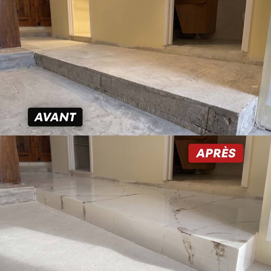 Avant / après : marche et palier en béton brut, puis en décor marbre blanc veiné peint à la main, au Mas-d’Agenais